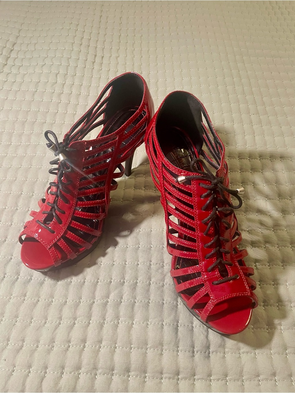 Anne Michelle Red Strappy Lace-Up Peep-Toe Heels